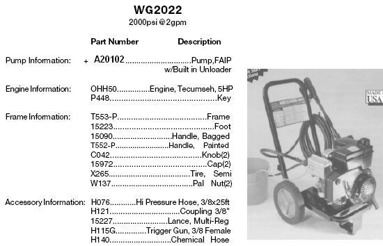 EXCELL DEVILBISS WG2022 FAIP PRESSURE WASHER REPLACEMENT PARTS